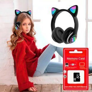 Навушники бездротові з котячими вушками Cat VIV-23M Чорнi + КАРТА ПАМ'ЯТІ 32 gb 11k01p111v3 фото