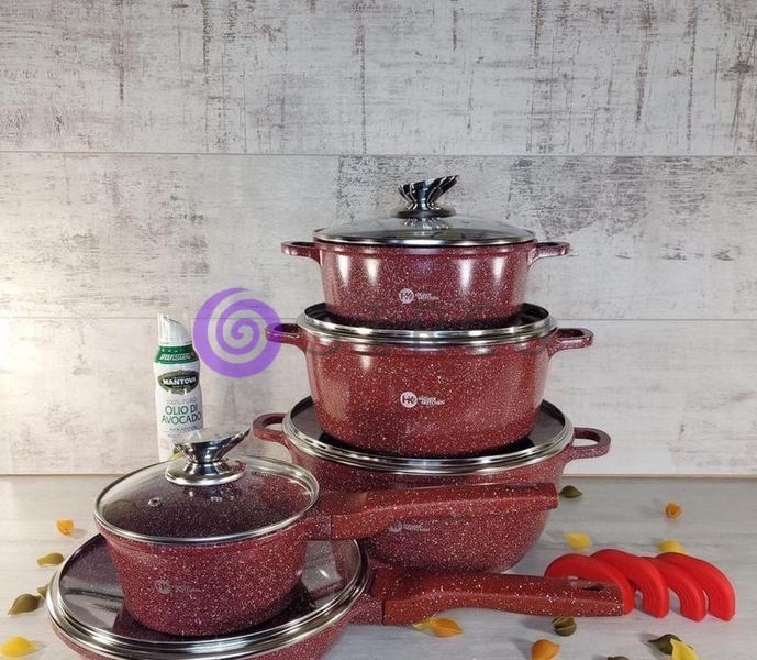 Набір посуду каструль та сковорода гранітним антипригарним покриттям Higher Kitchen HK-305 Червоний 10k09p016 фото