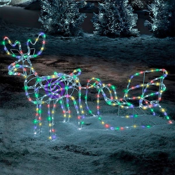 Новогодняя светодиодная фигура на металлическом каркасе из дюралайта "Маленький олень с санками" 135 * 46 см в ассортименте (синий, белый, тёплый, мультик) 12k01p060 фото
