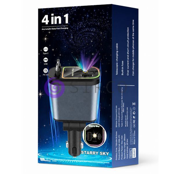 Автомобільна зарядка 4 в 1 26X-204 з USB-портами, швидким заряджанням і підсвіткою Зоряне небо (509/5091) 04k01p070 фото
