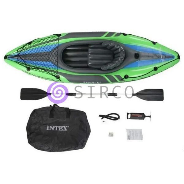 Надувная одноместная лодка-байдарка кайак с ножным насосом и веслами Intex 68305 247х76 см Зеленый 02k12p230 фото