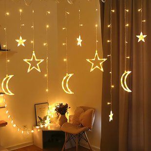 Новогодняя RGB Led гирлянда штора звезды и месяцы 3м Желтая (624) 12k01p018 фото