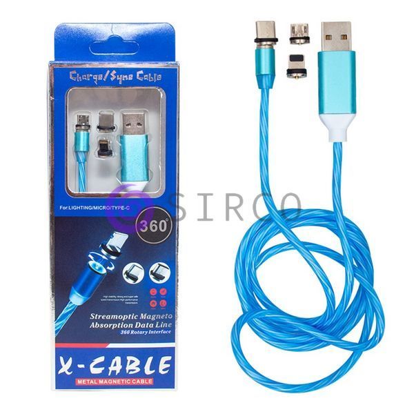 Магнитный светящийся USB кабель для зарядки со съемными наконечниками-разъемами 3в1 (Lightning, Micro, Type-C) X-Cable Metal Magnetic Cable 360 Type-C (518) 11k02p003 фото
