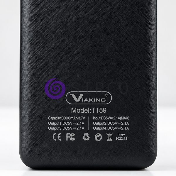 Мобільна батарея Viaking T159 30000 мАг, 4 USB виходи, LED лампа, Type-C та Lightning, Чорний (AMN) 11k12p280v1 фото