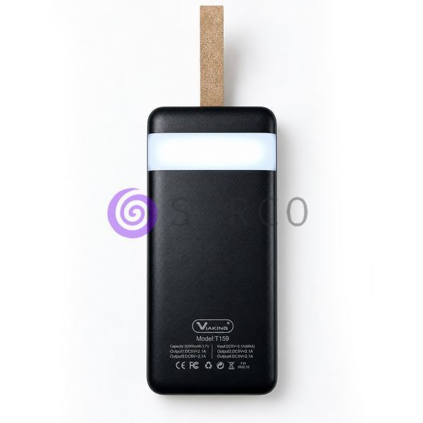 Мобільна батарея Viaking T159 30000 мАг, 4 USB виходи, LED лампа, Type-C та Lightning, Чорний (AMN) 11k12p280v1 фото