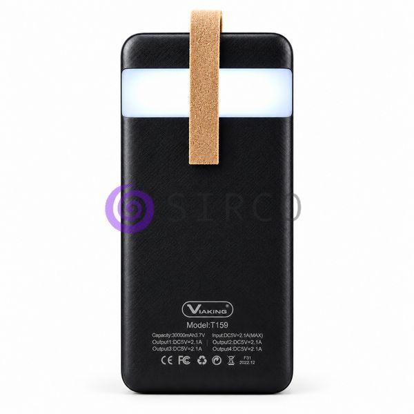 Мобільна батарея Viaking T159 30000 мАг, 4 USB виходи, LED лампа, Type-C та Lightning, Чорний (AMN) 11k12p280v1 фото
