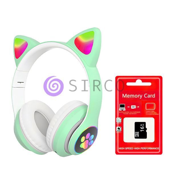 Наушники беспроводные с кошачьими ушками Cat VIV-23M Зеленые + КАРТА ПАМЯТИ 16 gb 11k01p110v2 фото