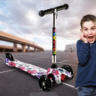 Детский трехколесный самокат со светящимися PU колесами и складным рулем Scooter Graffiti 906 Цветочки 13k01p006v1 фото