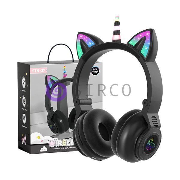 Дитячі бездротові навушники Bluetooth Cat Ear STN-27 з котячими вушками світяться "Єдиноріг" (чорні) 11k01p008 фото