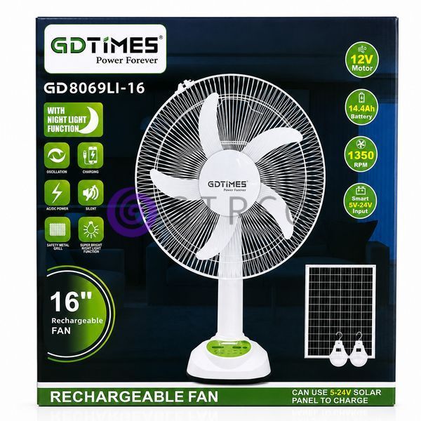 Вентилятор акумуляторний GDTIMES GD8069LI-16 16" з автоповоротом, сонячною панеллю, LED-лампами, USB(AX) 01k07p193 фото