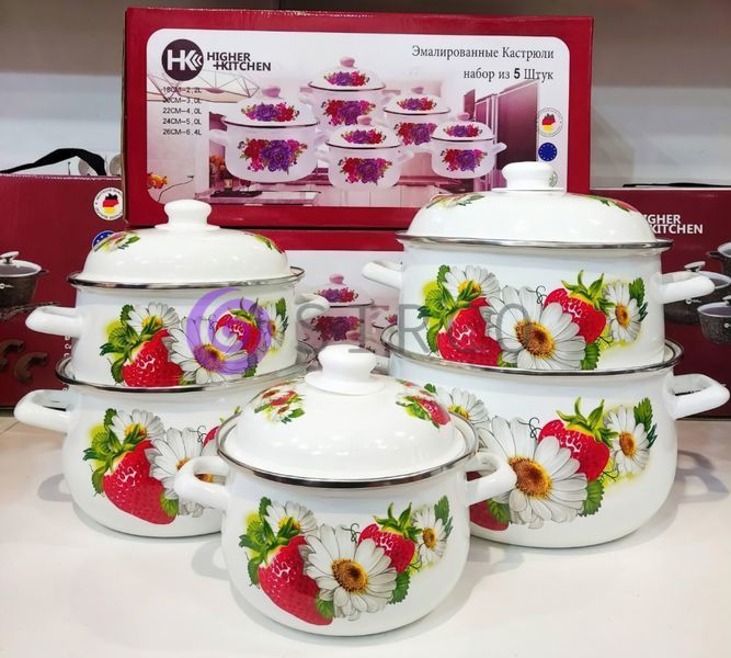 Набор эмалированных кастрюль Hot-Kitchen НК-309 5 кастрюль "Клубника" (4389/1) 10k09p092v1 фото