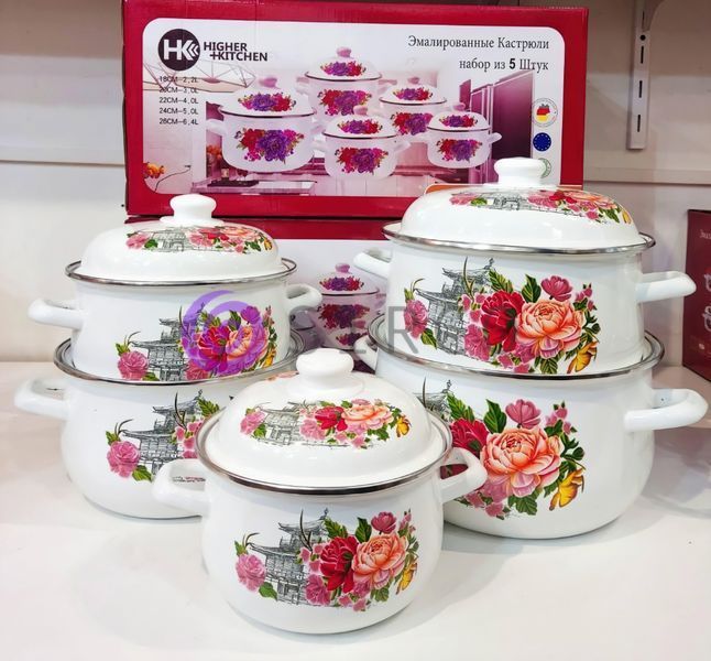 Набір емальованих каструль Hot-Kitchen НК-309 5 каструль "Квіти" (4389/1) 10k09p092v2 фото