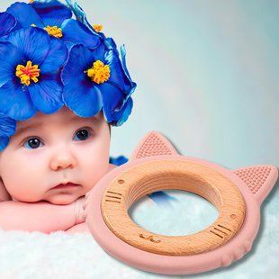 Прорезыватель для зубов деревянно-силиконовый "Котенок" (Розовый) "BabyOno"/1076/02/SB 03k17p457v1 фото