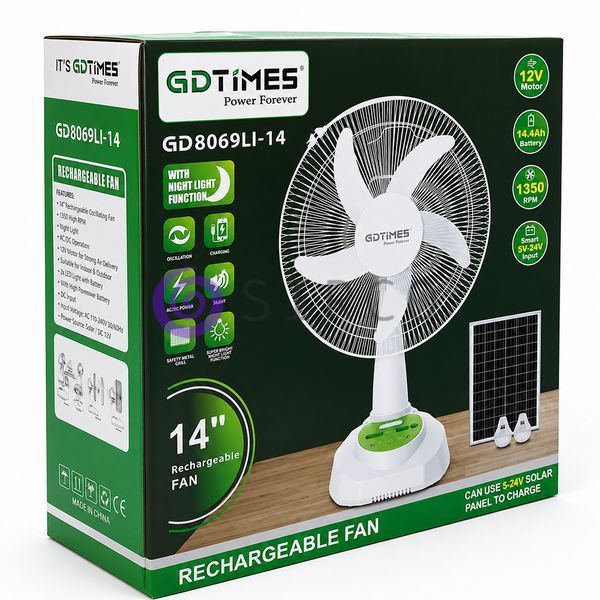 Портативний вентилятор GDTIMES GD8069LI-14 35 см, акумуляторний, із сонячною панеллю та 2 LED лампами(AX) 01k07p194 фото